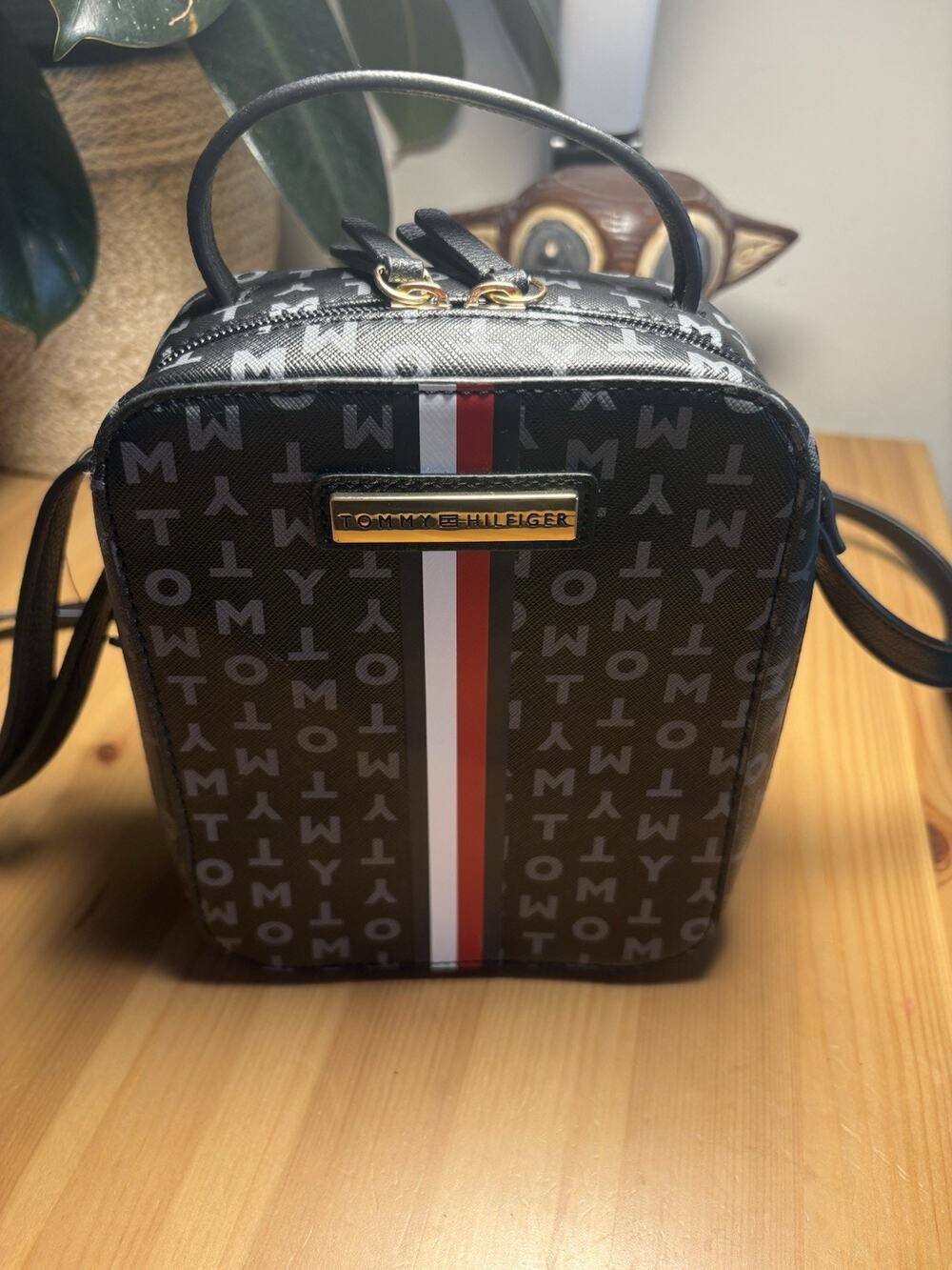 Tommy Hilfiger Black Monogram Stripe Small Crossbody Top Handle Detachable